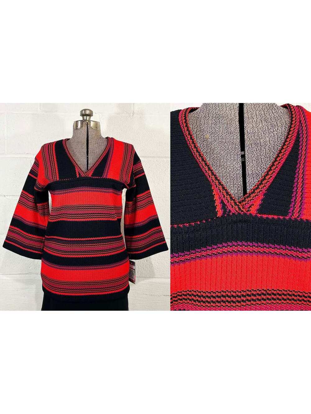 Vintage Bell Sleeve Sweater Orange Red Black Striped V Neck Tunic 1960s Medium